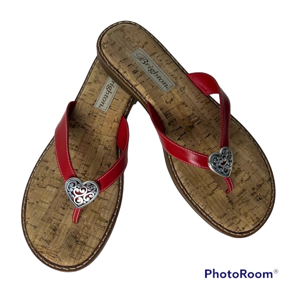 Brighton Red and Silver Heart Embellished Sandals, Flip Flops Size 7.5M
